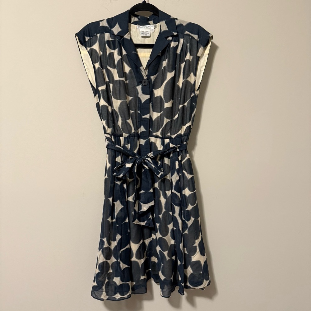 Maggy London Blue White Polka Dot Silk Blend Shirt Dress with Pockets Size 4